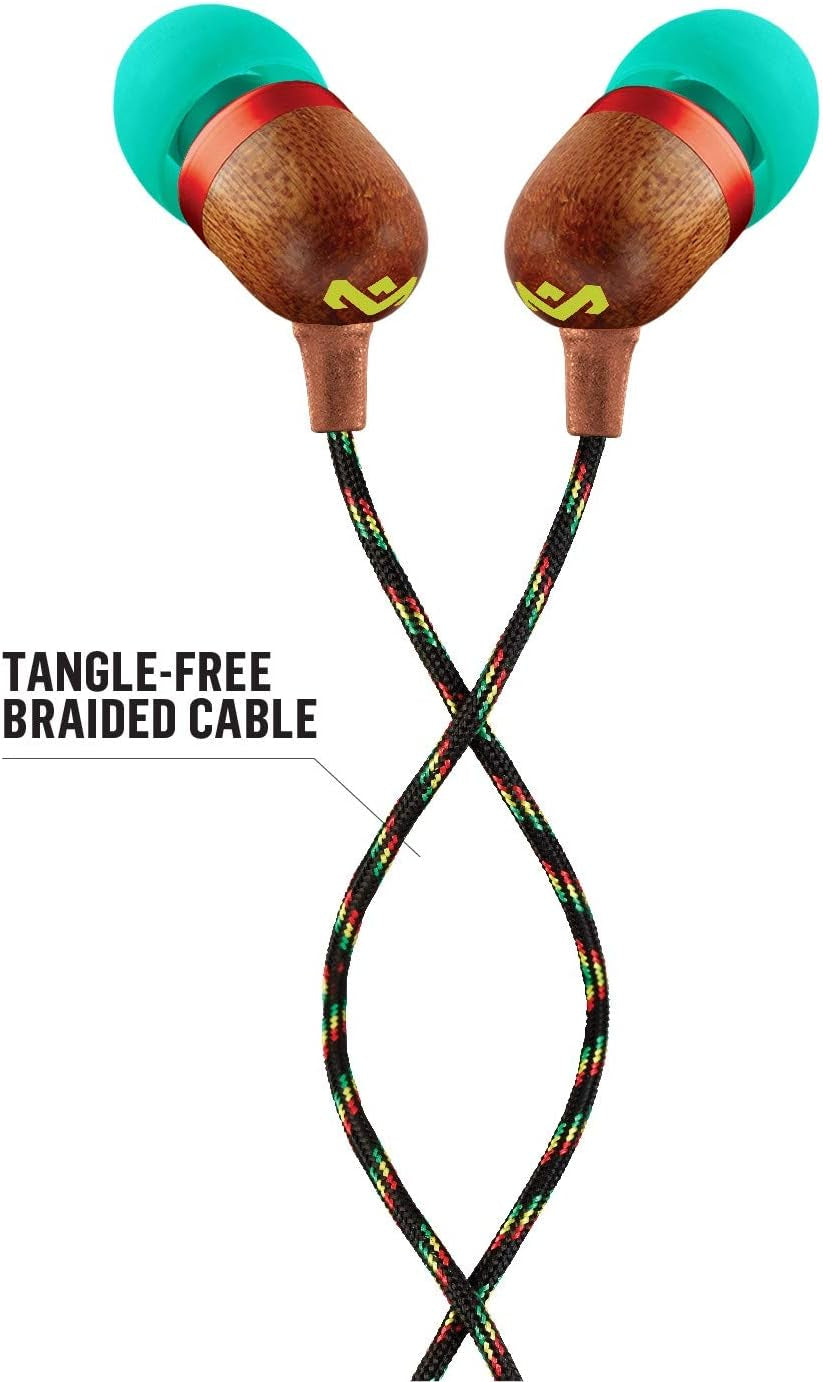 Smile Jamaica: Wired Earphones with Microphone, Noise Isolating Design, and Sustainable Materials (Rasta)