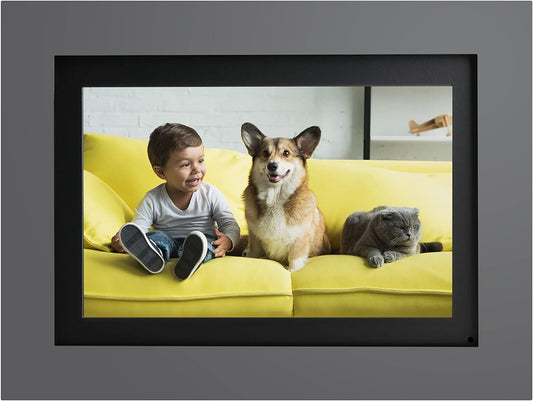 Photoshare 8” Wifi Digital Picture Frame, Send Pics from Phone to Frames, 8 GB, Holds 5,000+ Photos, HD Touchscreen, Grey Wood Frame, Easy Setup, No Fees