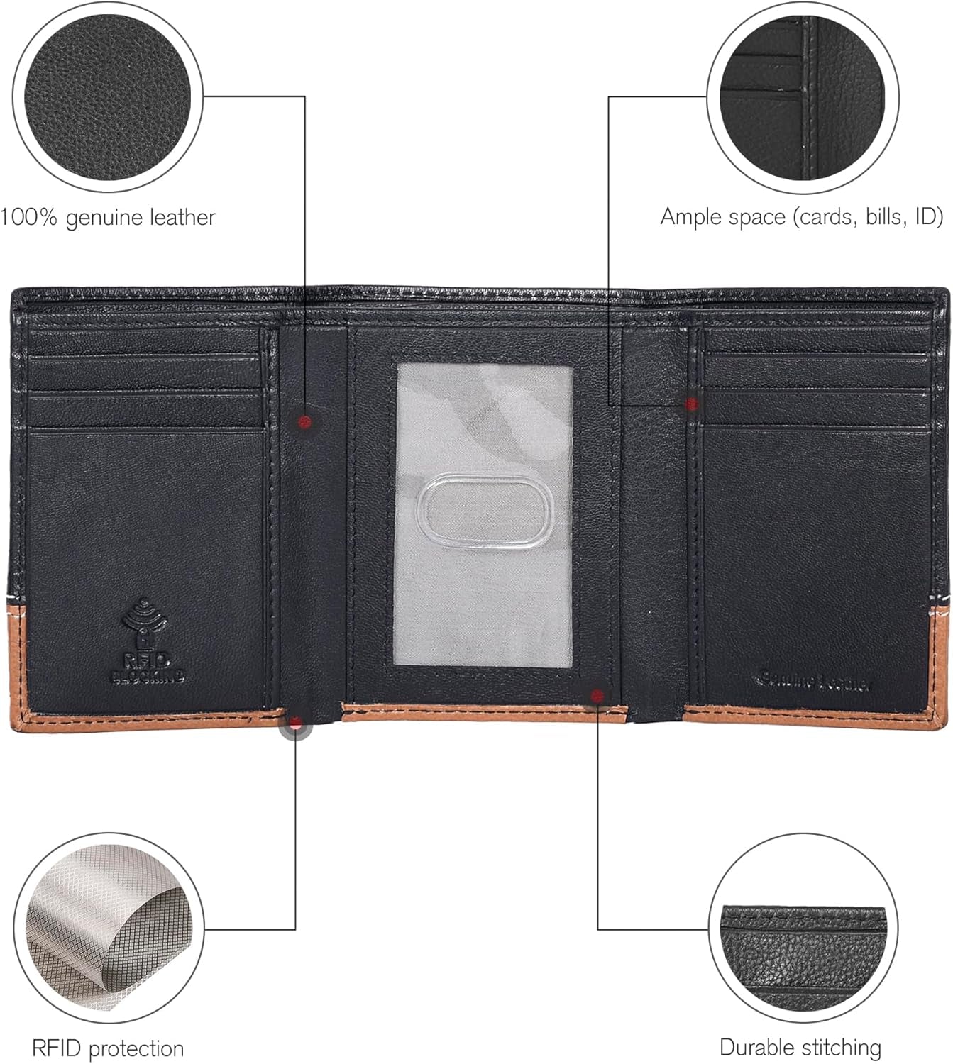 Leather Trifold Wallet for Men - RFID Blocking - 6 Card Slots, 2 Slip Pockets & 1 Front ID Window - Minimalist Design, Slim Wallet