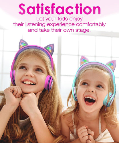 Kids Headphones with LED Cat Ears (85Db Safe Volume Limit), 3.5Mm Soft On-Ear Wired Headphones with Tangle-Free Laced Cables for Ipad/Tablet/School/Travel - Teal/Light Purple