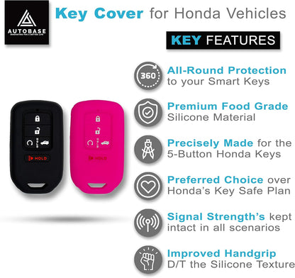 Silicone Key Fob Cover for Honda Accord Civic CR-V CRV Pilot Passport Insight EX EX-L Touring | Car Accessory | Key Protection Case - 2 Pcs (Black & Pink)