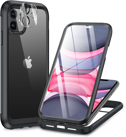 Glass Series Designed for Iphone 11 Case [2023 Upgraded] Full-Body Rugged Bumper Case with Built-In 9H Tempered Glass Screen Protector and Camera Protector (Black)