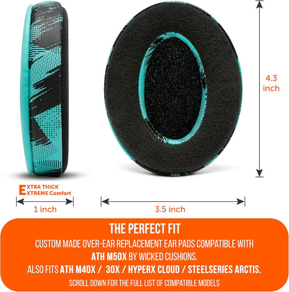 Padz Velour - the Ultimate Upgraded Earpads by Wicked Cushions - Compatible with Audio Technica, Hyperx, Steelseries Arctis - Extra Thick - Bigger Opening - Soft Memory Foam | (Speed Racer Cyan)