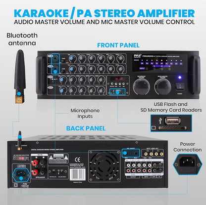 Dual Channel Bluetooth Mixing Amplifier - 2000W Rack Mount Karaoke Sound Mixer Audio Home Stereo Receiver Box System W/ RCA, USB, AUX - for Speaker, PA, Home Theater, Studio/Stage - PMXAKB2000