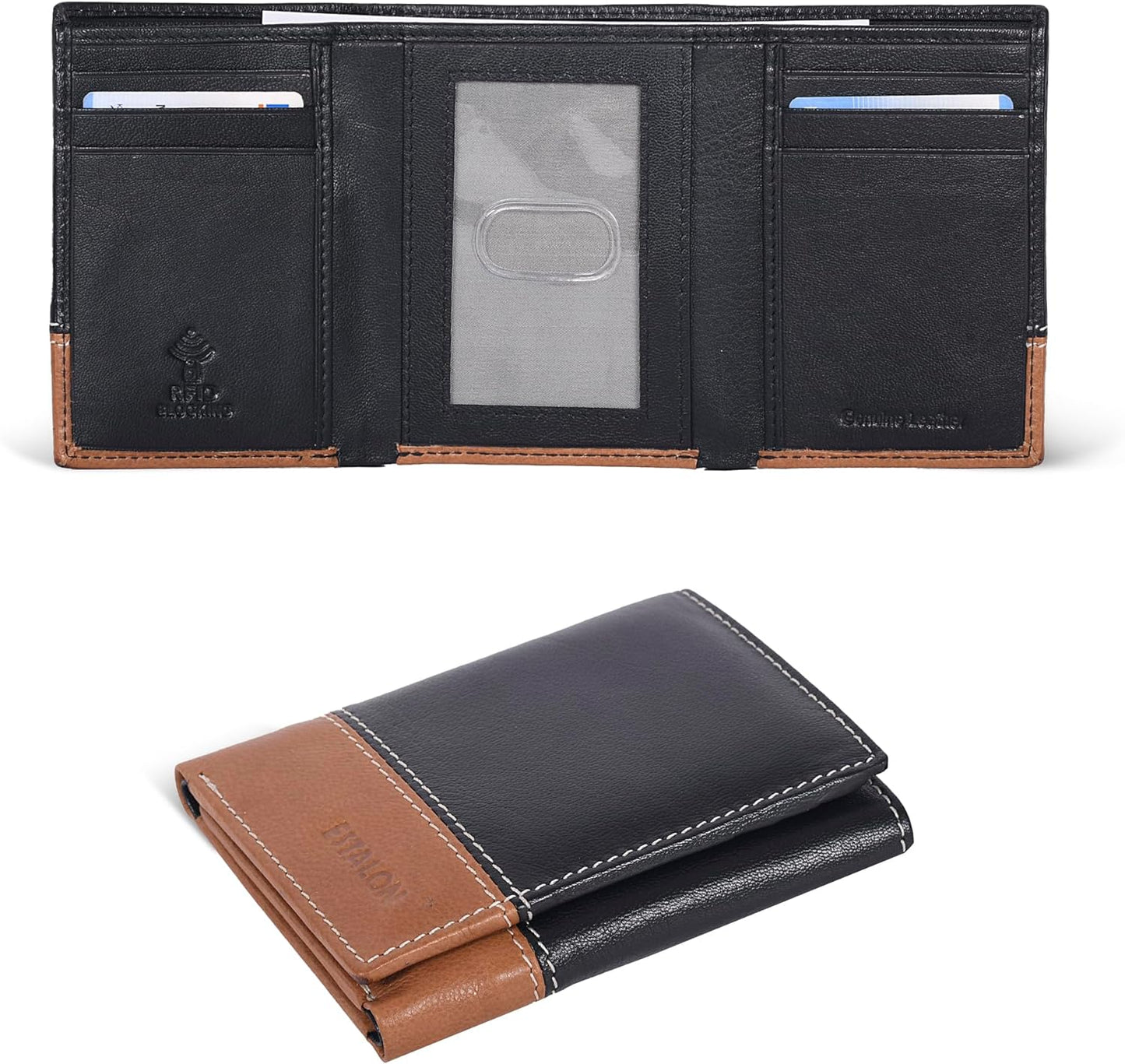 Leather Trifold Wallet for Men - RFID Blocking - 6 Card Slots, 2 Slip Pockets & 1 Front ID Window - Minimalist Design, Slim Wallet