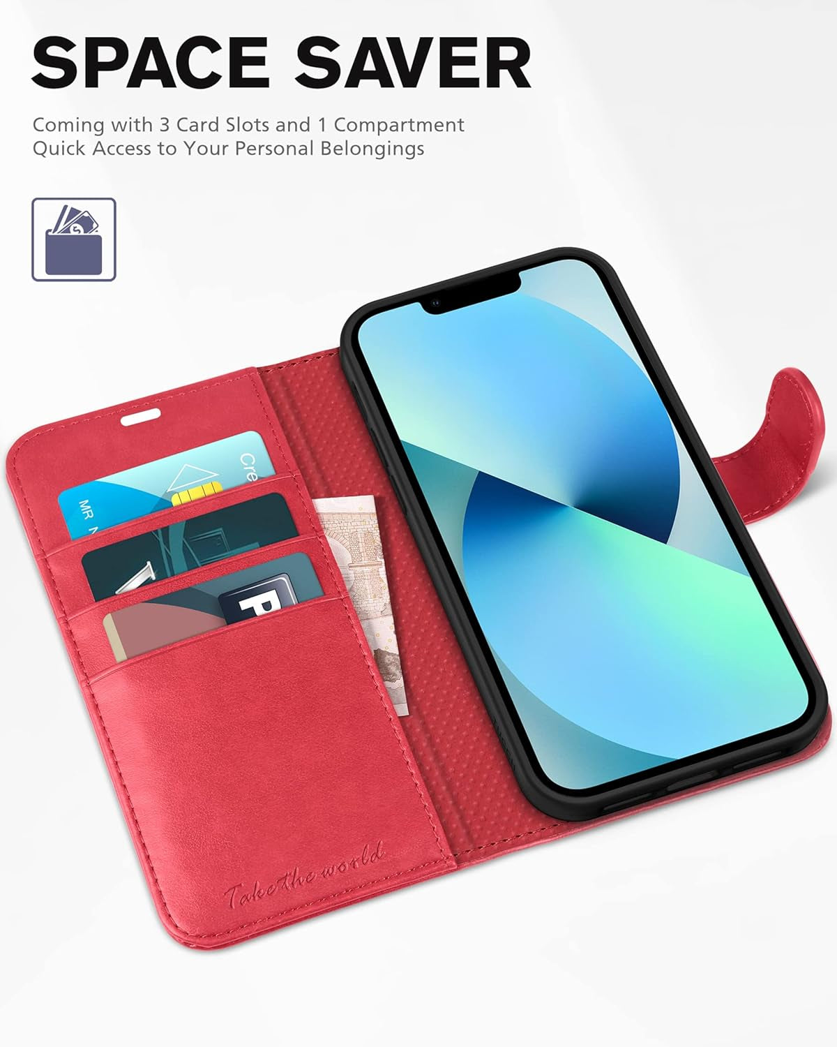 Wallet Case for Iphone 13 6.1-Inch 5G, [RFID Blocking] Card Slots Holder Stand [Shockproof TPU Interior Case] PU Leather Magnetic Protective Flip Cover Compatible with Iphone 13 6.1" 2021, Red