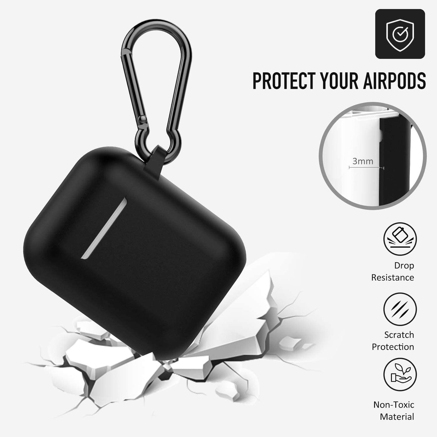 Protective Silicone Case with Keychain for Apple Airpods 2 (Black)