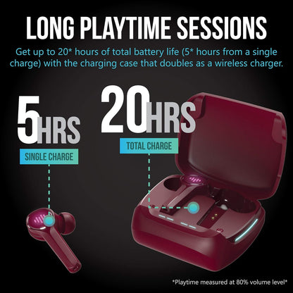 SG100 Gaming Wireless Earbuds, Bluetooth In-Ear with Changing LED Lights Ultra-Low 60Ms Latency and Hands-Free Call MEMS Microphone, Includes Compact Charging Case and 4 Ear Tips, Red