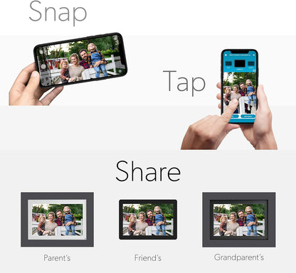 Photoshare 8” Wifi Digital Picture Frame, Send Pics from Phone to Frames, 8 GB, Holds 5,000+ Photos, HD Touchscreen, Grey Wood Frame, Easy Setup, No Fees