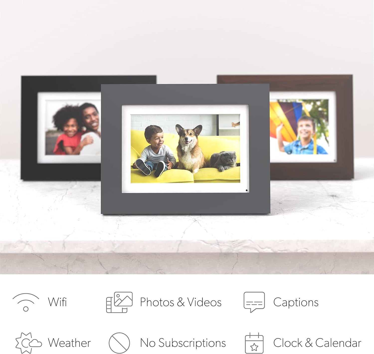 Photoshare 8” Wifi Digital Picture Frame, Send Pics from Phone to Frames, 8 GB, Holds 5,000+ Photos, HD Touchscreen, Grey Wood Frame, Easy Setup, No Fees