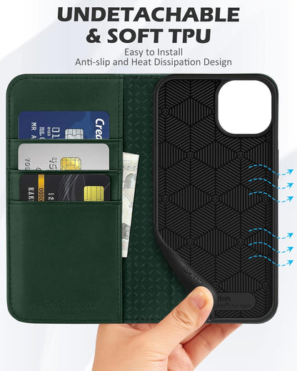 Case for Iphone 13, Genuine Leather Wallet Folding Case with Kickstand RFID Blocking Card Slots Magnetic Shockproof Case Compatible with Iphone 13 5G (6.1" 2021) - Midnight Green
