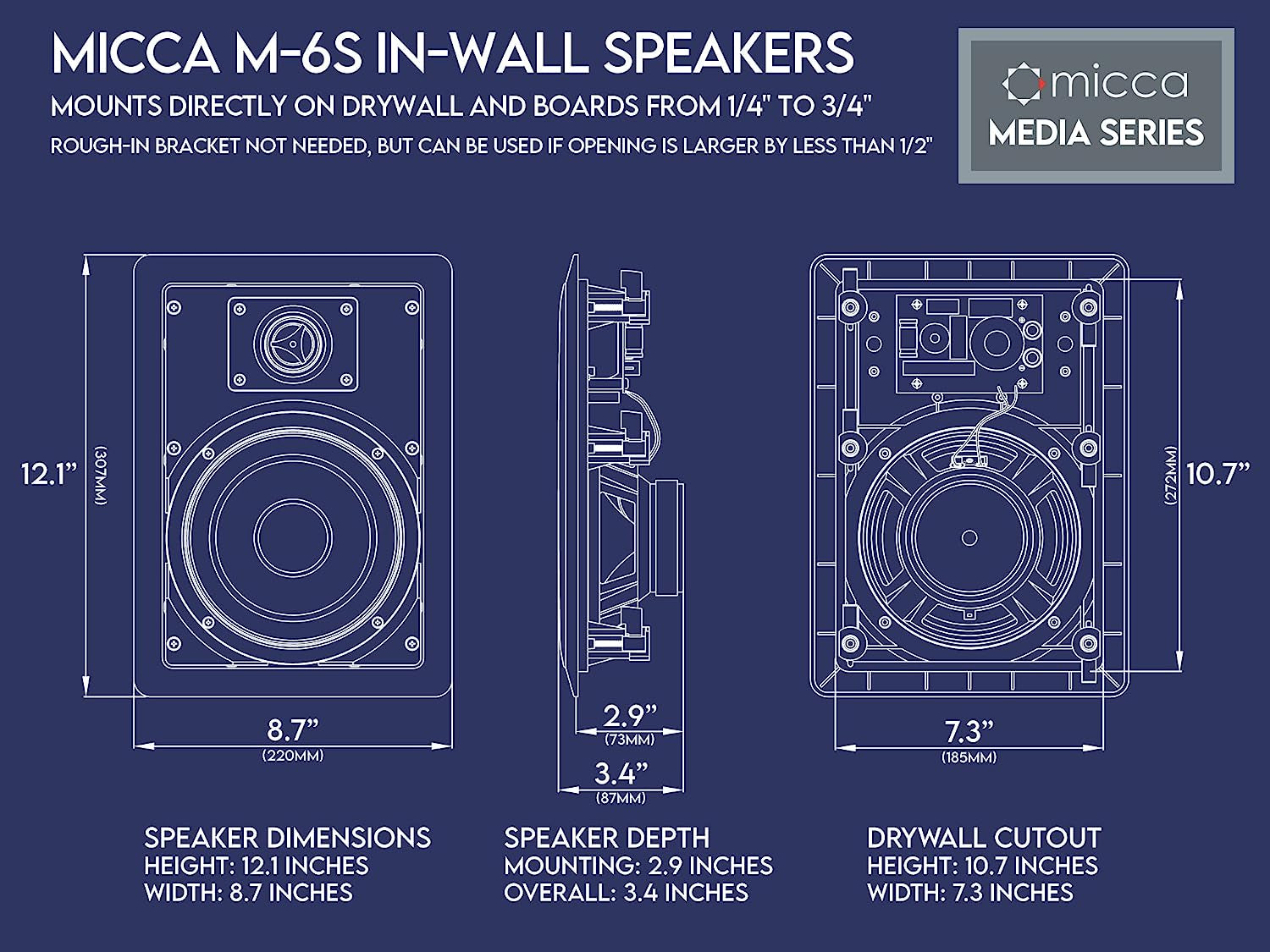 M-6S 2-Way In-Wall Speaker, 7.3"(W) by 10.7"(H) Cutout, Home Theater, Whole House Audio, Indoor or Covered Outdoor, 6.5" Woofer, 1" Tweeter, White, Paintable, Each