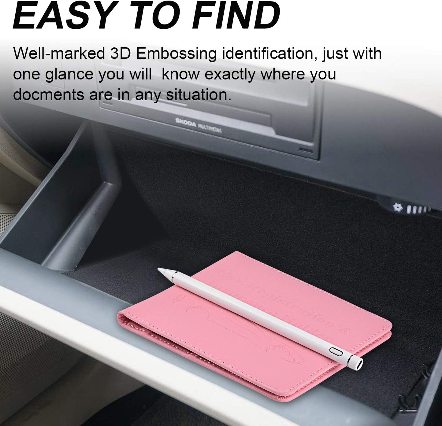 Car Registration and Insurance Holder, Vehicle Glove Box Car Organizer Men Women Wallet Accessories Case for Cards, Essential Document, Driver License, Pink