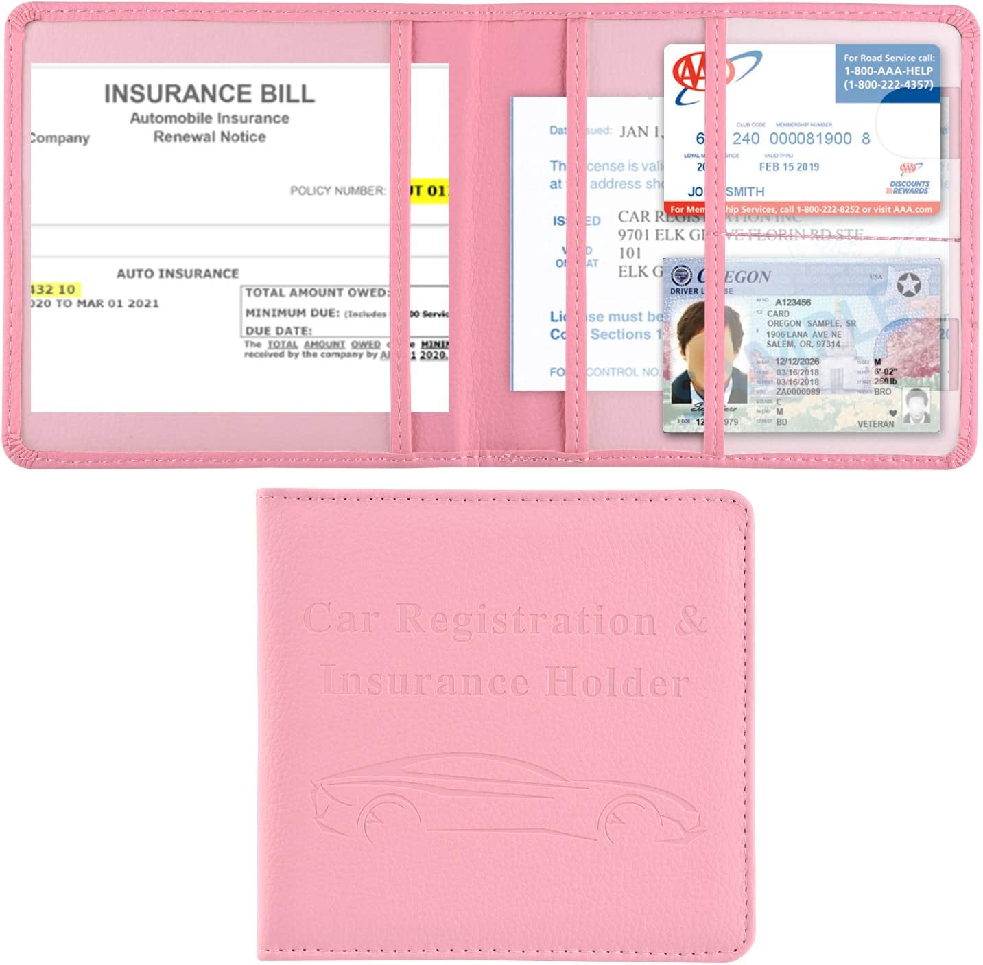 Car Registration and Insurance Holder, Vehicle Glove Box Car Organizer Men Women Wallet Accessories Case for Cards, Essential Document, Driver License, Pink