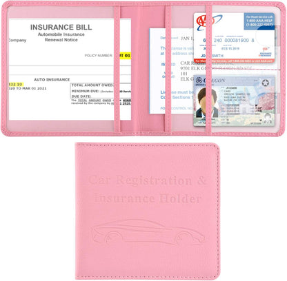 Car Registration and Insurance Holder, Vehicle Glove Box Car Organizer Men Women Wallet Accessories Case for Cards, Essential Document, Driver License, Pink