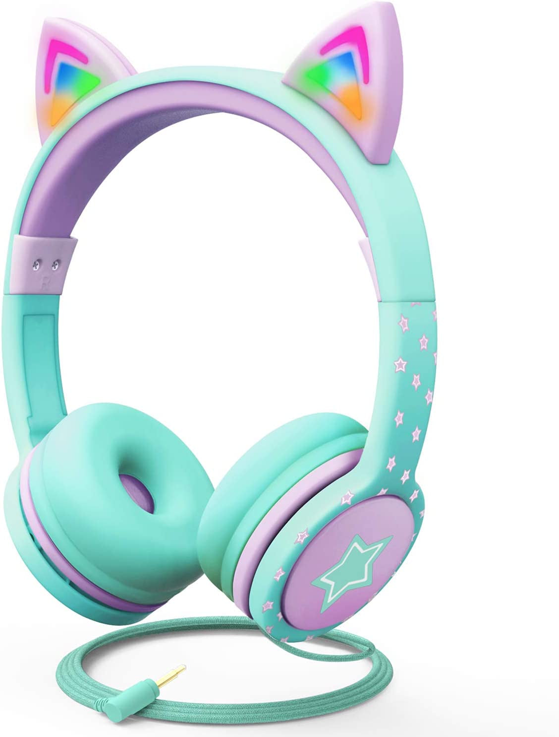 Kids Headphones with LED Cat Ears (85Db Safe Volume Limit), 3.5Mm Soft On-Ear Wired Headphones with Tangle-Free Laced Cables for Ipad/Tablet/School/Travel - Teal/Light Purple