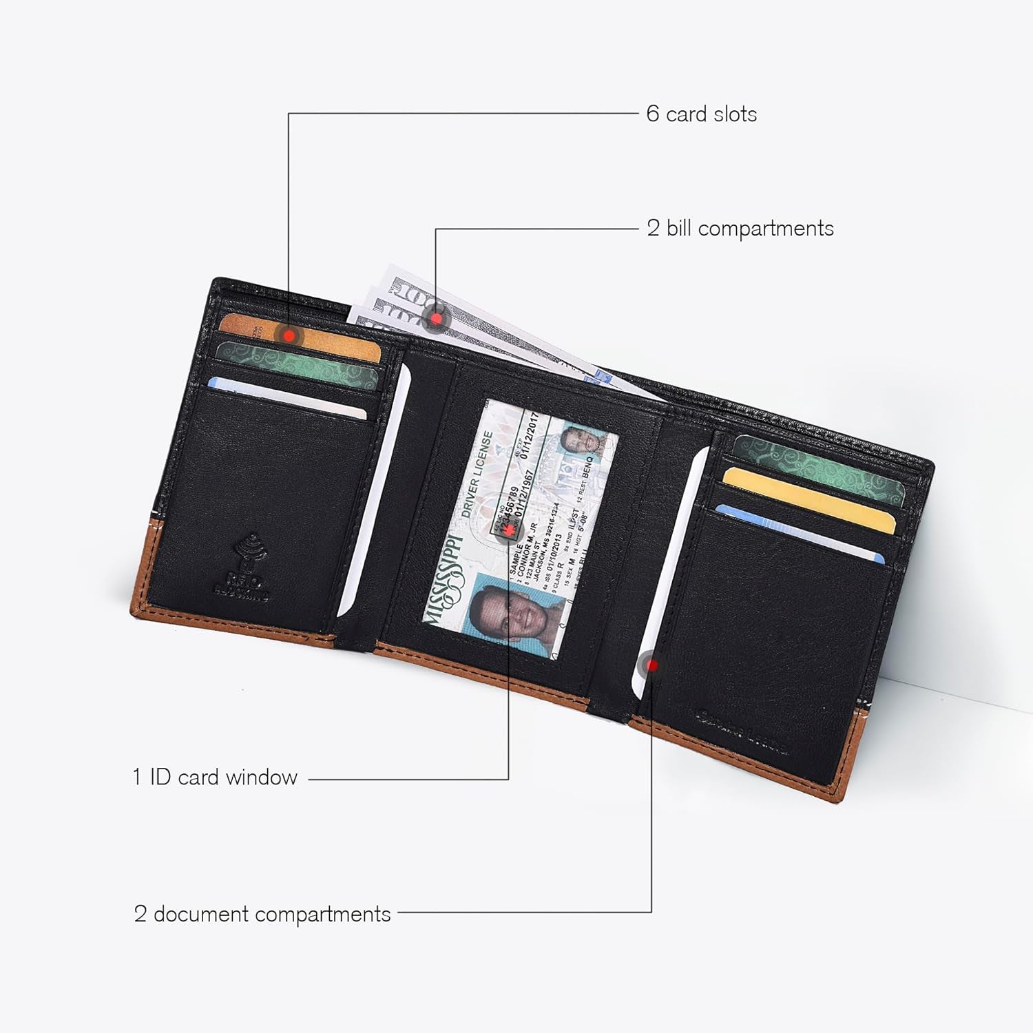 Leather Trifold Wallet for Men - RFID Blocking - 6 Card Slots, 2 Slip Pockets & 1 Front ID Window - Minimalist Design, Slim Wallet