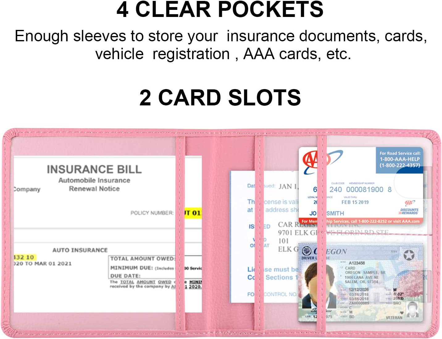 Car Registration and Insurance Holder, Vehicle Glove Box Car Organizer Men Women Wallet Accessories Case for Cards, Essential Document, Driver License, Pink