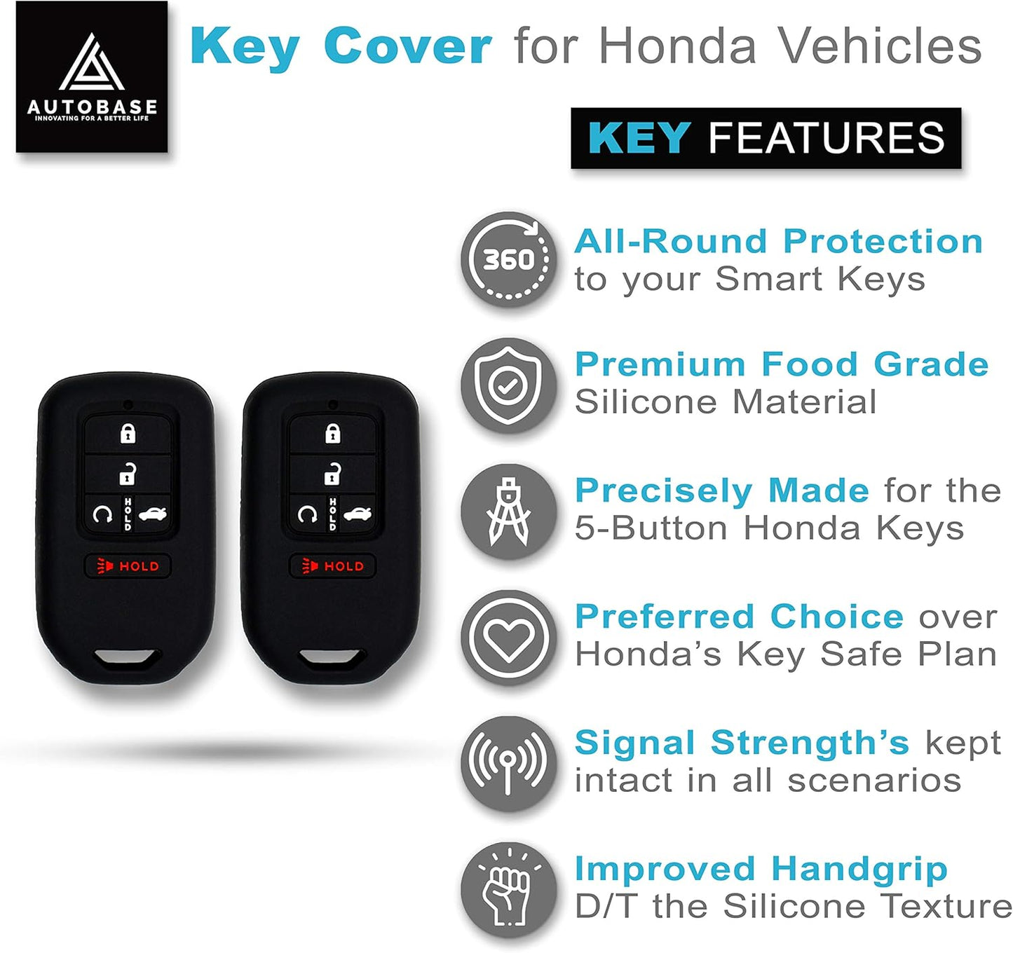 Silicone Key Fob Cover for Honda Accord Civic CR-V CRV Pilot Passport Insight EX EX-L Touring | Car Accessory | Key Protection Case - 2 Pcs (Black)